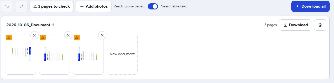 Three pages imported into one document in the Holy PDF scanner
