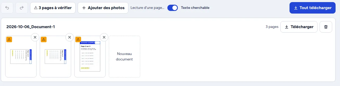 Trois pages importées dans un seul document dans le scanner Holy PDF